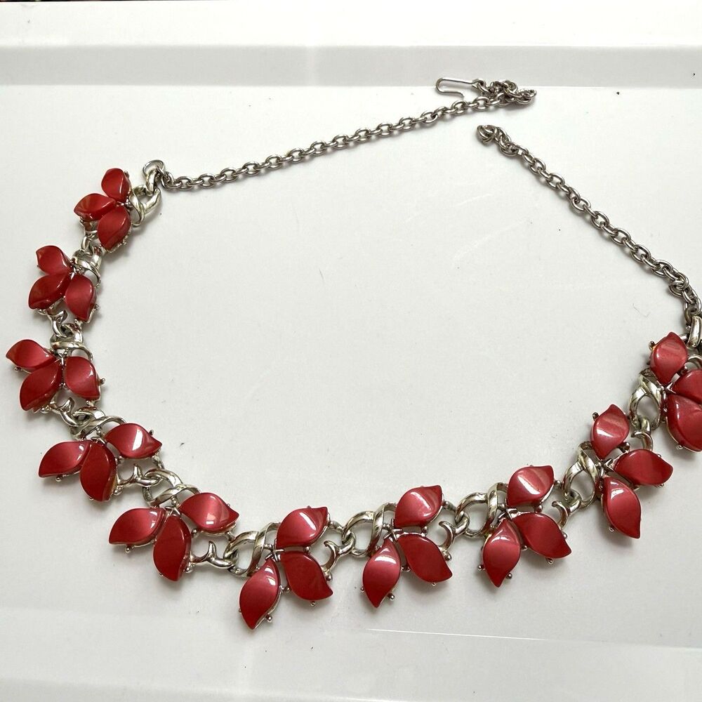 Vintage MCM Necklace Thermoset Pinkish Red Silver Tone 16" Summer Grandmacore